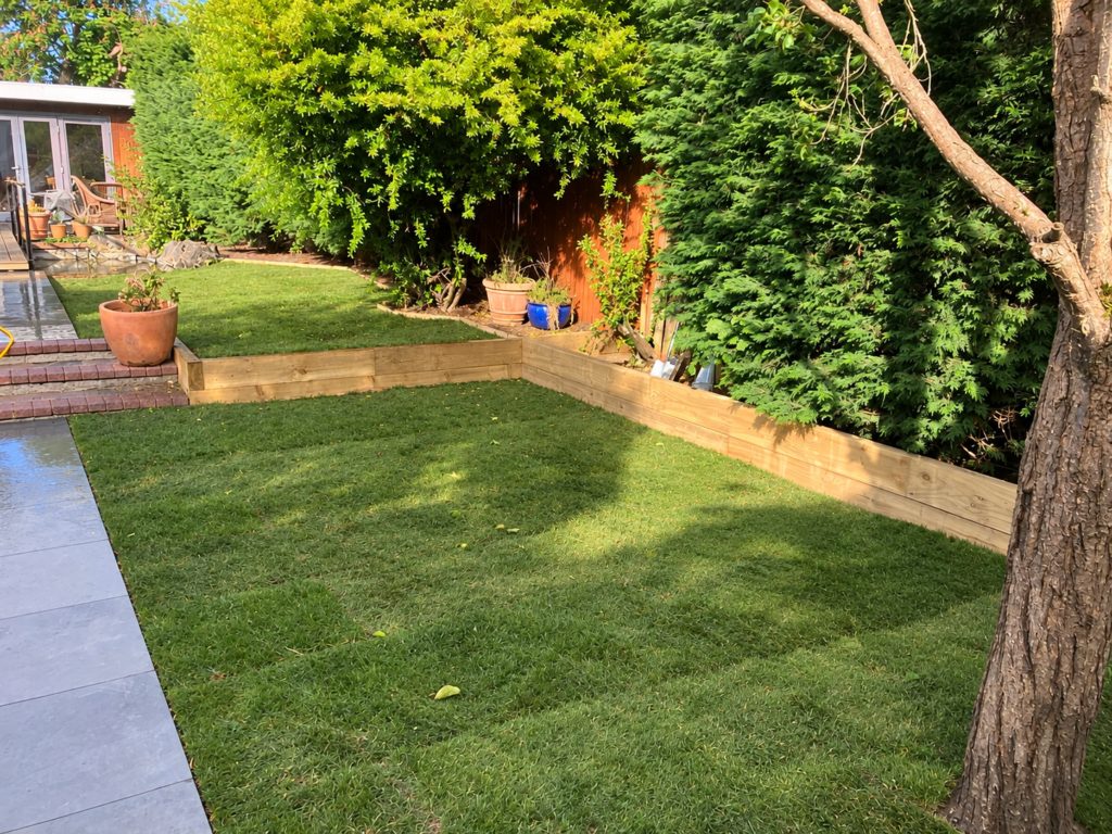 A garden in Morden, London which has had a Lawn, Pathway & Border Redesign carried out by local garden maintenance and landscaping company, Lyuven Ltd.
